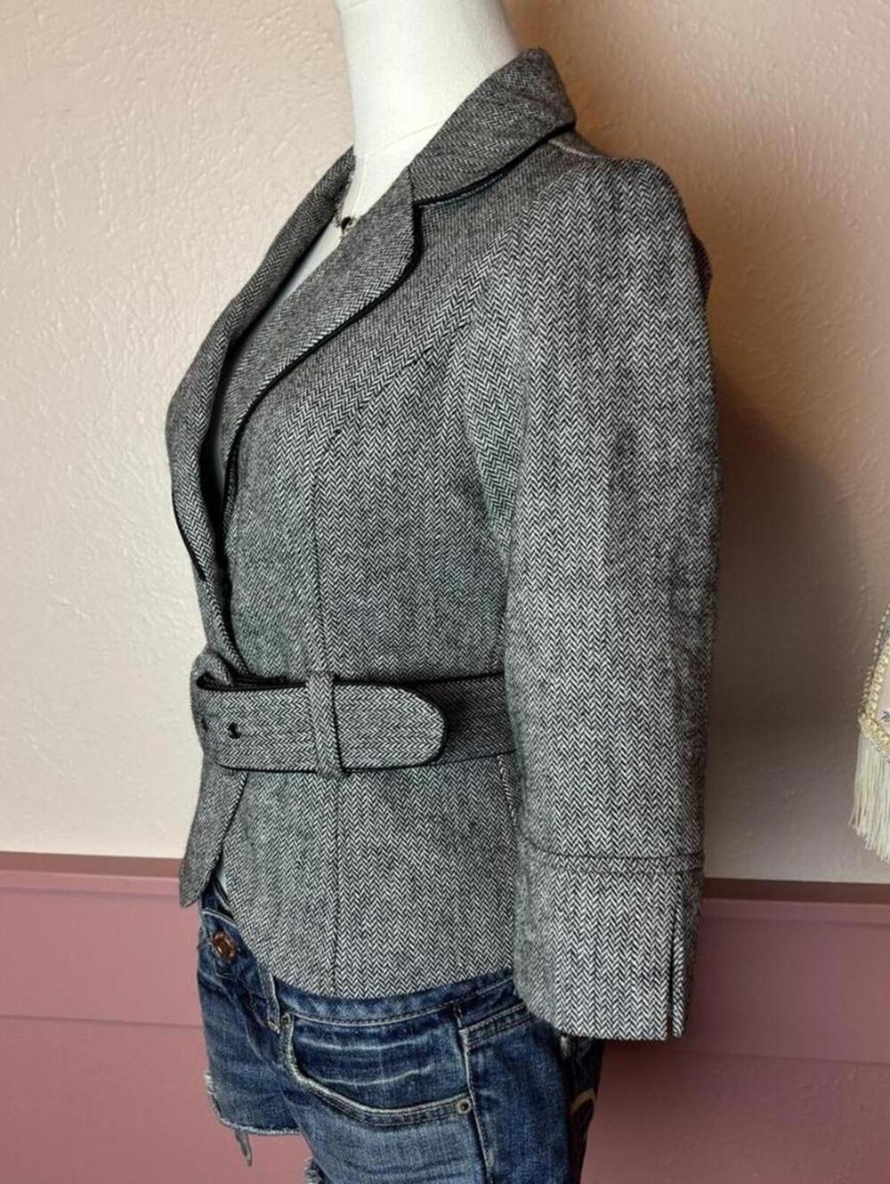 vintage forever 21 wool belted blazer 2000s y2k collegiate grey sz small office - Picture 4 of 8
